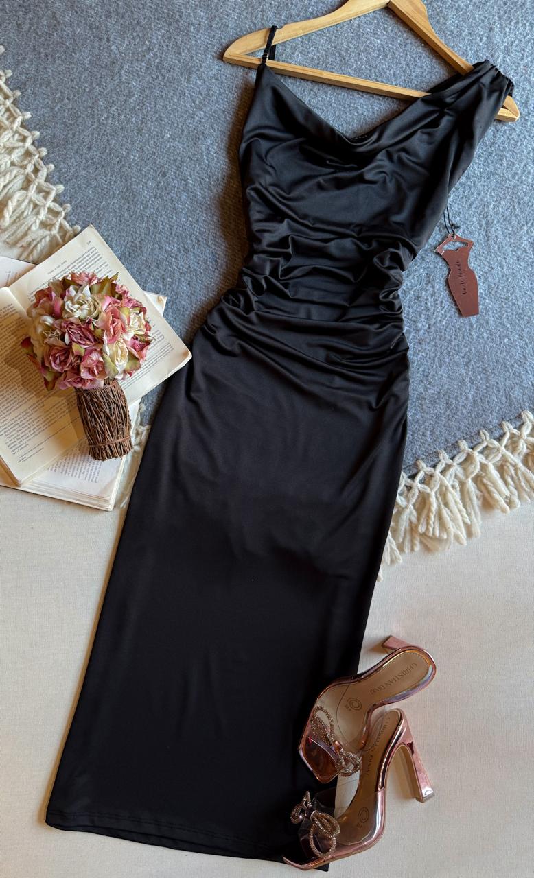 Vestido Negro Haute Monde Midi Tirantes Cuello Amaca Corrugado 